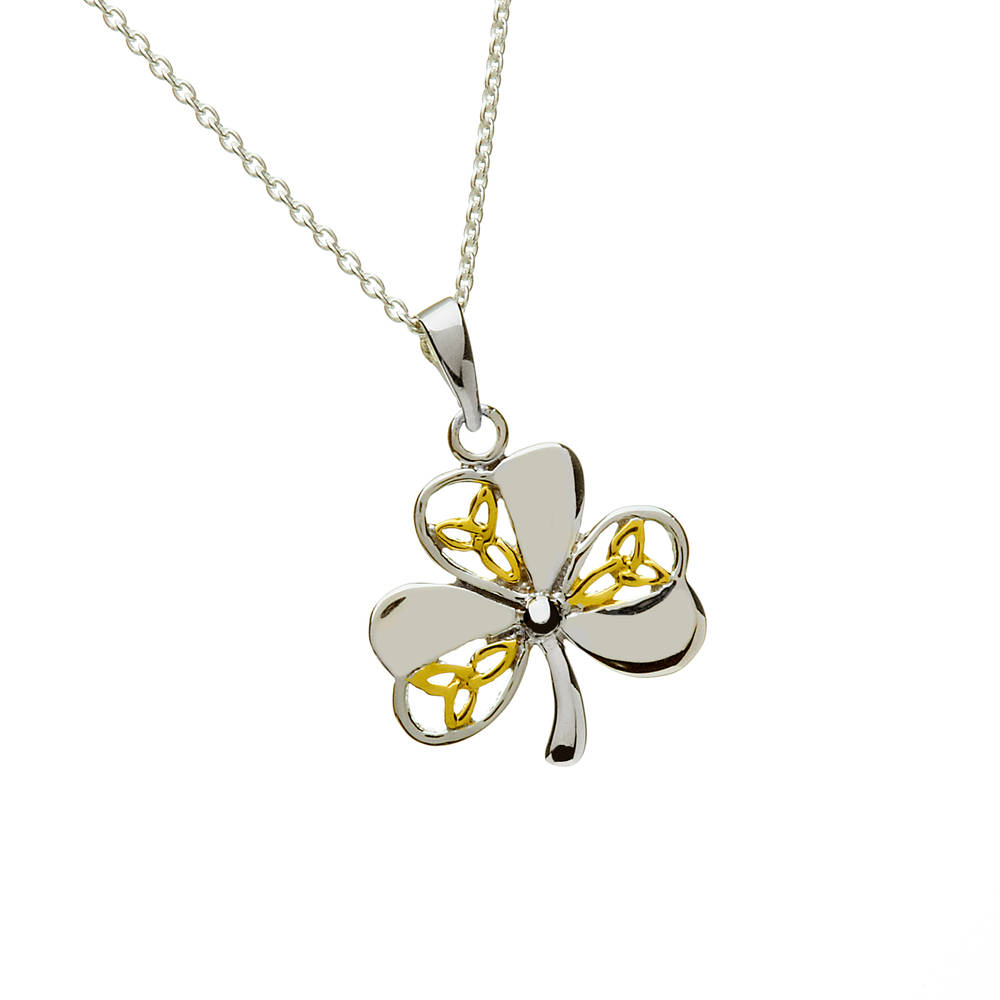 Silver Two Tone Trinity And Shamrock Pendant