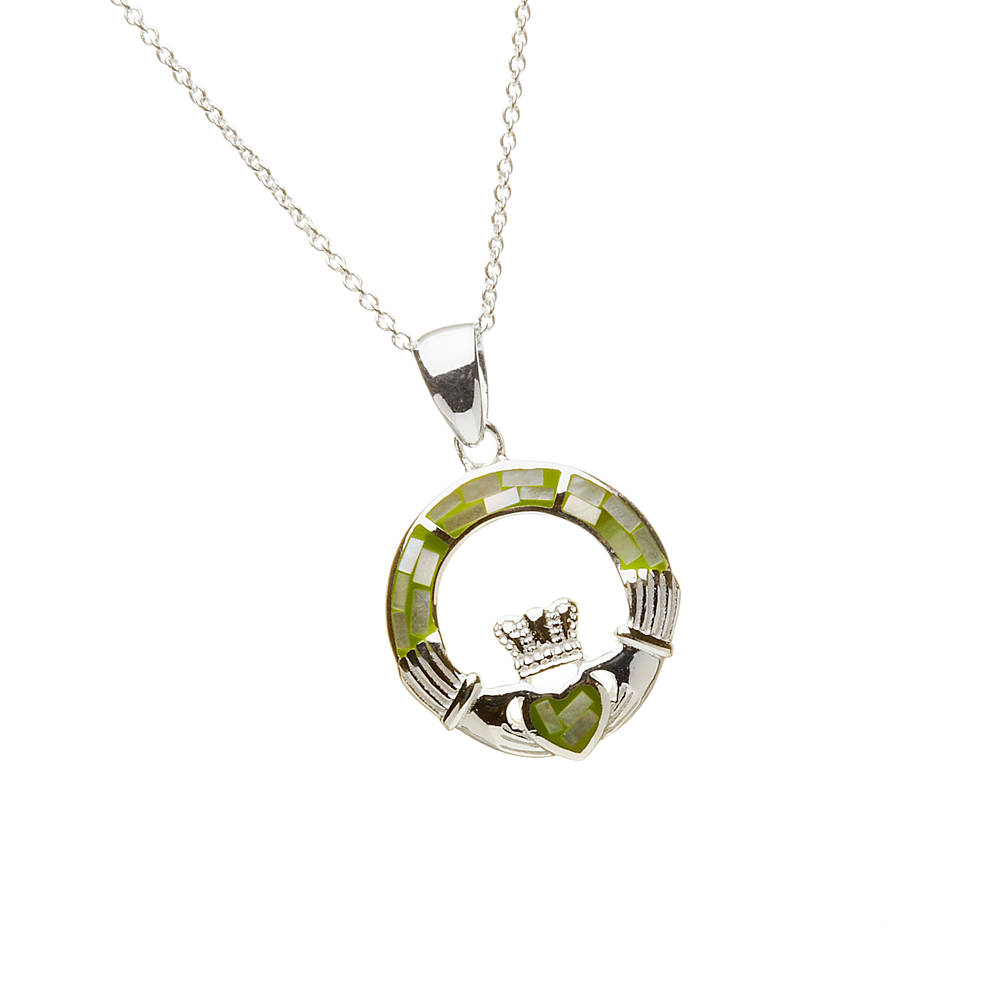 Silver Green Mosaic Claddagh Pendant