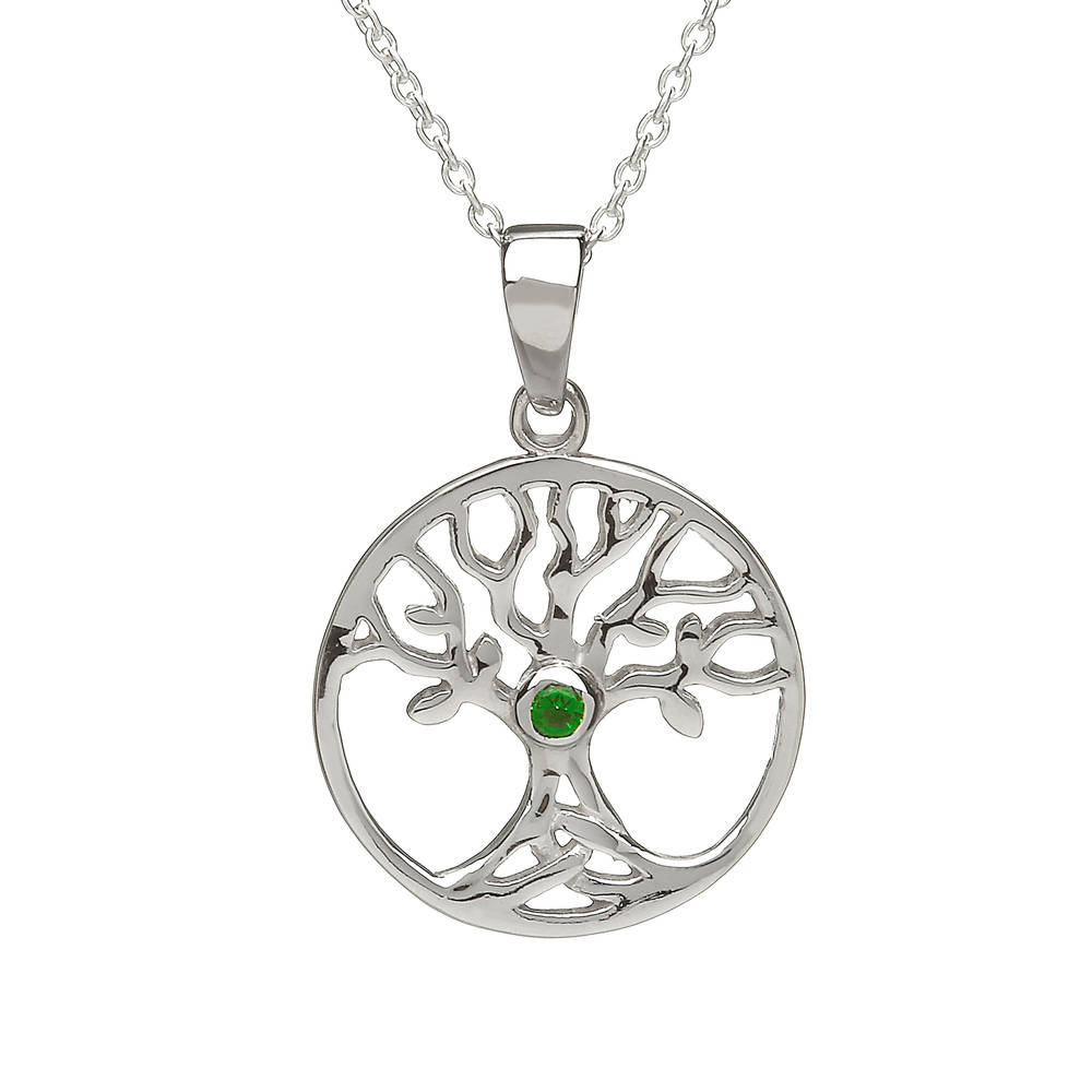 Silver Open Tree Of Life Pendant With Green Cz Centre

