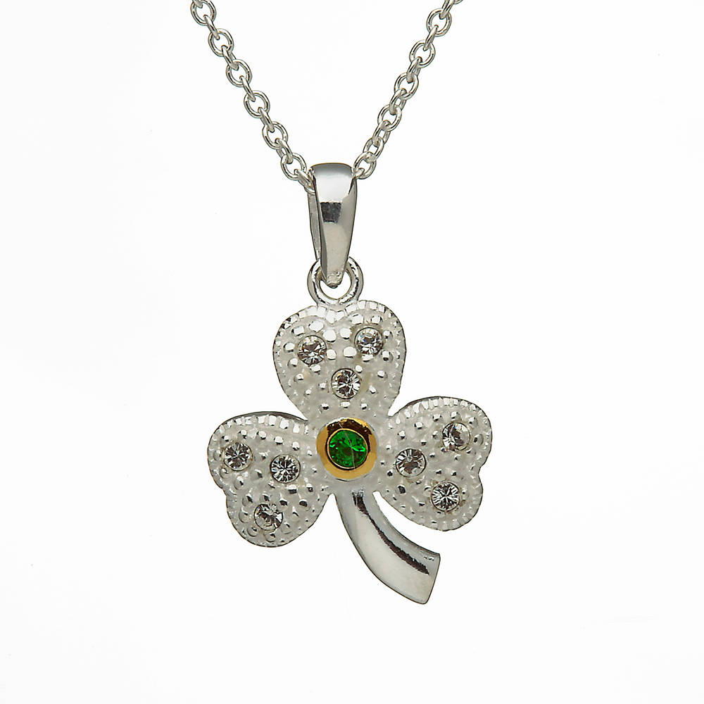 Silver Stone set Shamrock With Green Centre In Gold Plated Setting