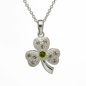 Silver Shamrock Pendant With Green Stone
