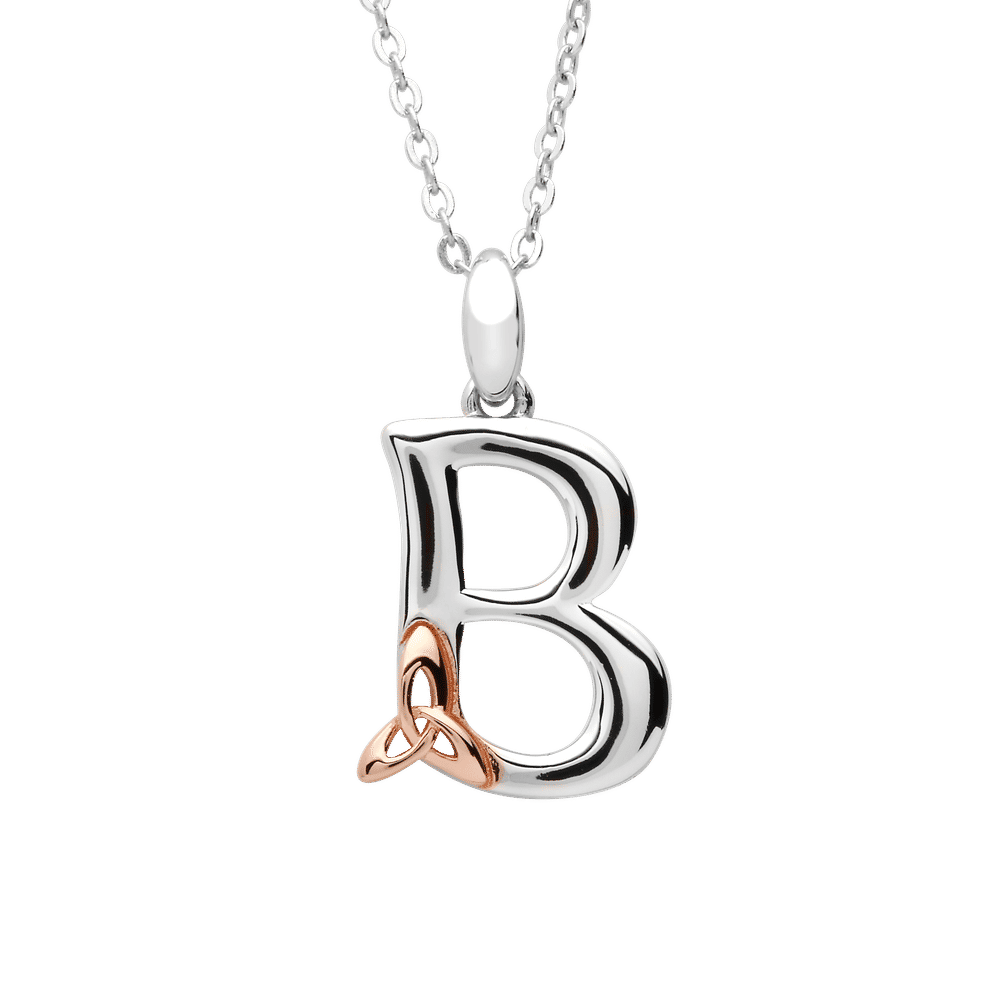 S/silver Celtic Initial B Pendant With Rose Gold Plated Trinity Detail 18" Chain