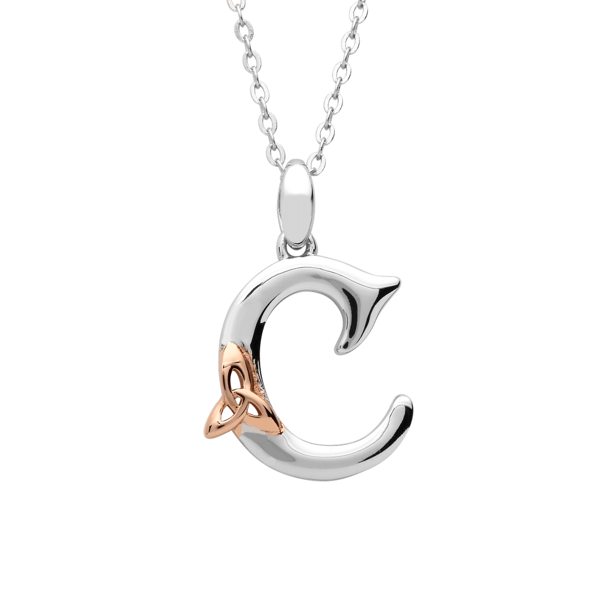 S/silver Celtic Initial C Pendant With Rose Gold Plated Trinity Detail 18" Chain