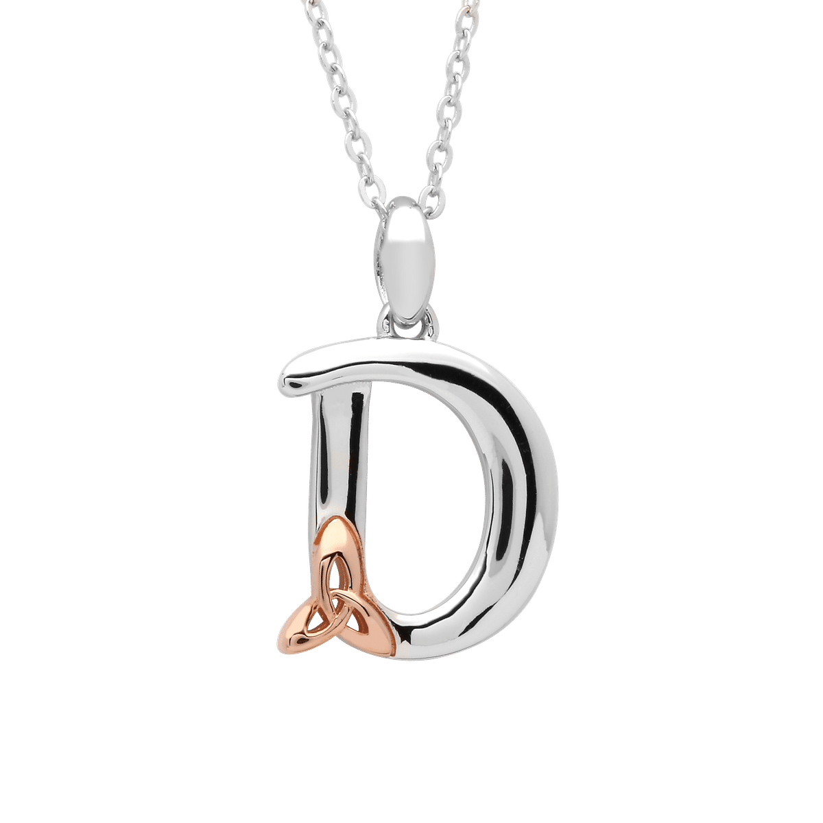 S/silver Celtic Initial D Pendant With Rose Gold Plated Trinity Detail 18" Chain