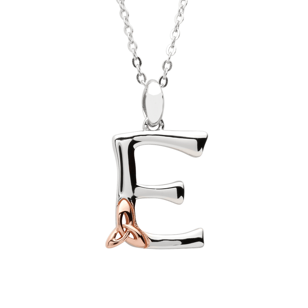S/silver Celtic Initial E Pendant With Rose Gold Plated Trinity Detail 18" Chain