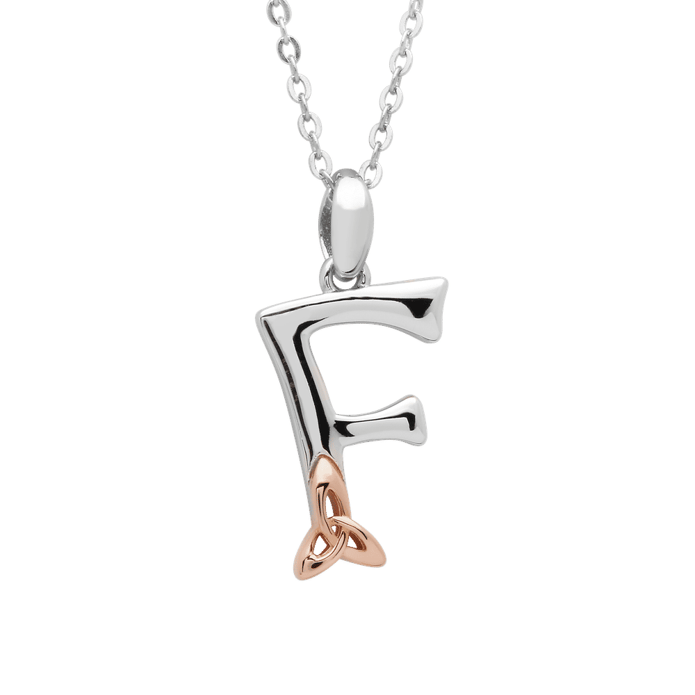 S/silver Celtic Initial F Pendant With Rose Gold Plated Trinity Detail 18" Chain