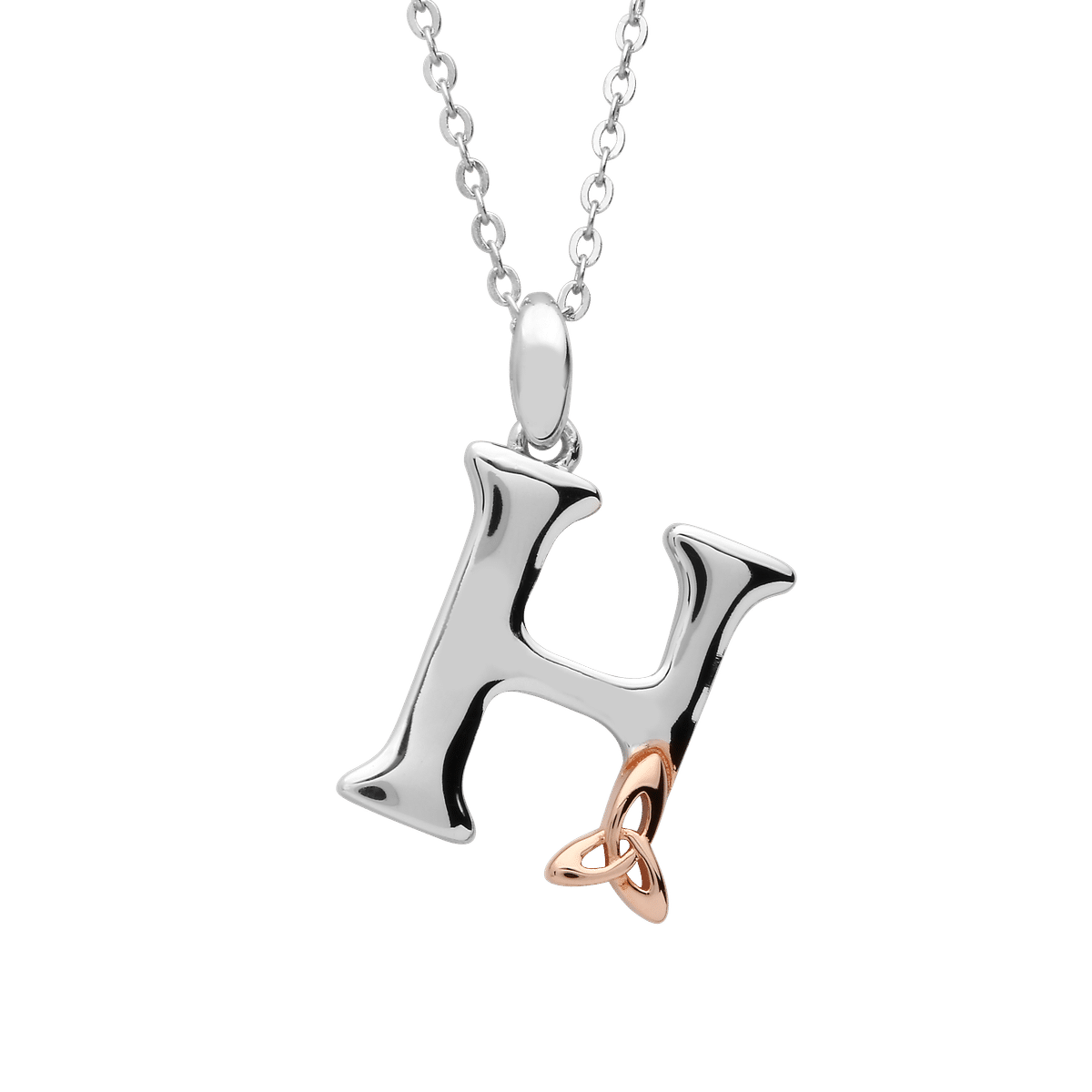 S/silver Celtic Initial H Pendant With Rose Gold Plated Trinity Detail 18" Chain