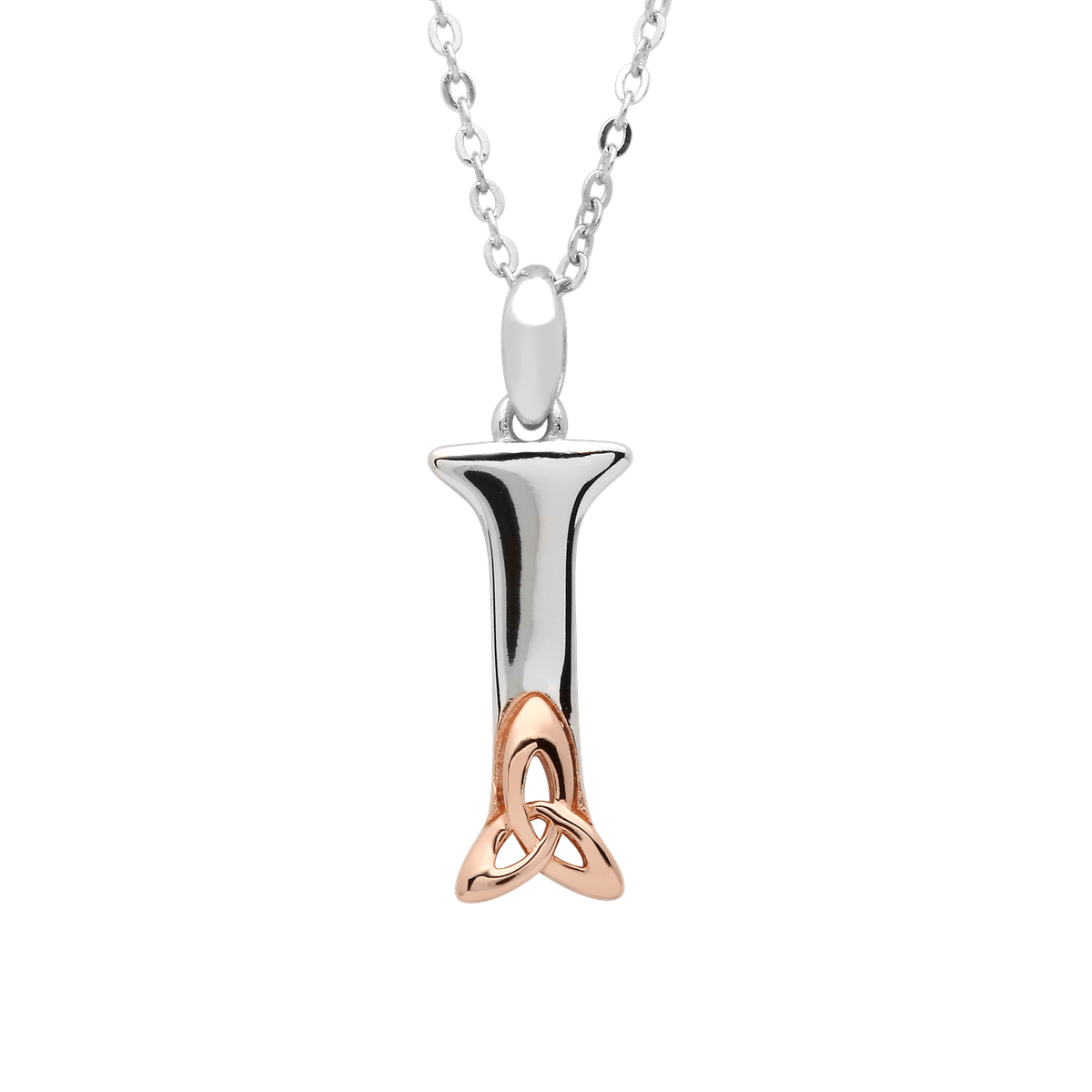 S/silver Celtic Initial I Pendant With Rose Gold Plated Trinity Detail 18" Chain