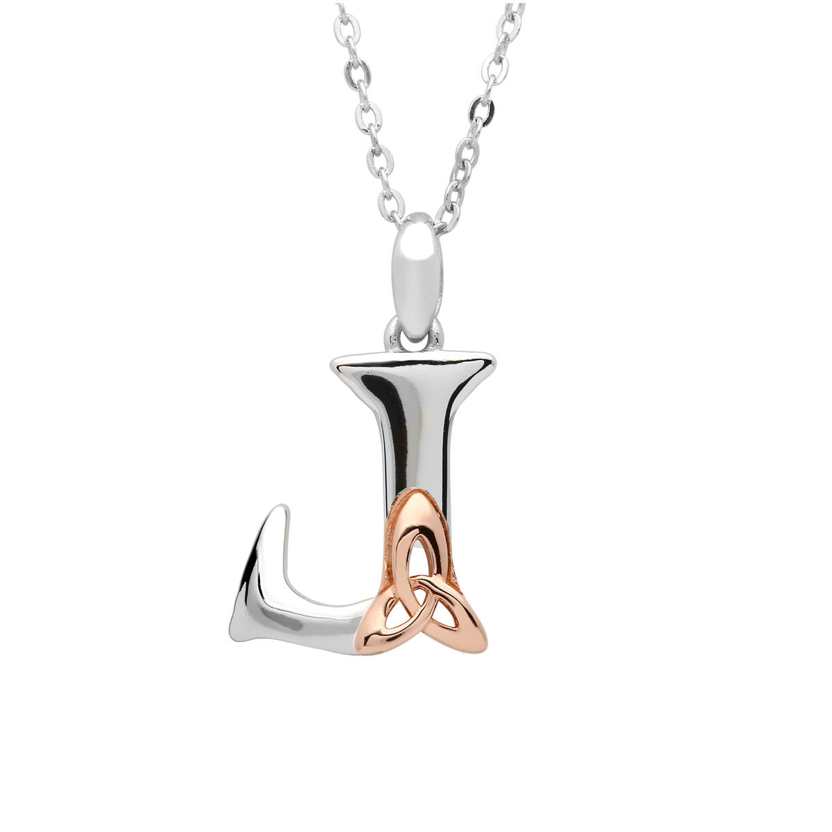 S/silver Celtic Initial J Pendant With Rose Gold Plated Trinity Detail 18" Chain