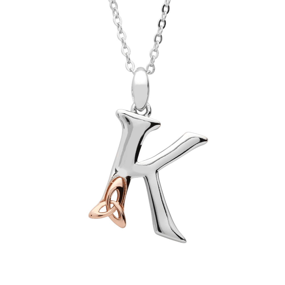 S/silver Celtic Initial K Pendant With Rose Gold Plated Trinity Detail 18" Chain