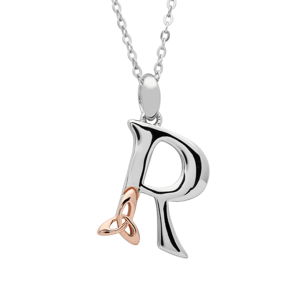S/silver Celtic Initial R Pendant With Rose Gold Plated Trinity Detail 18" Chain