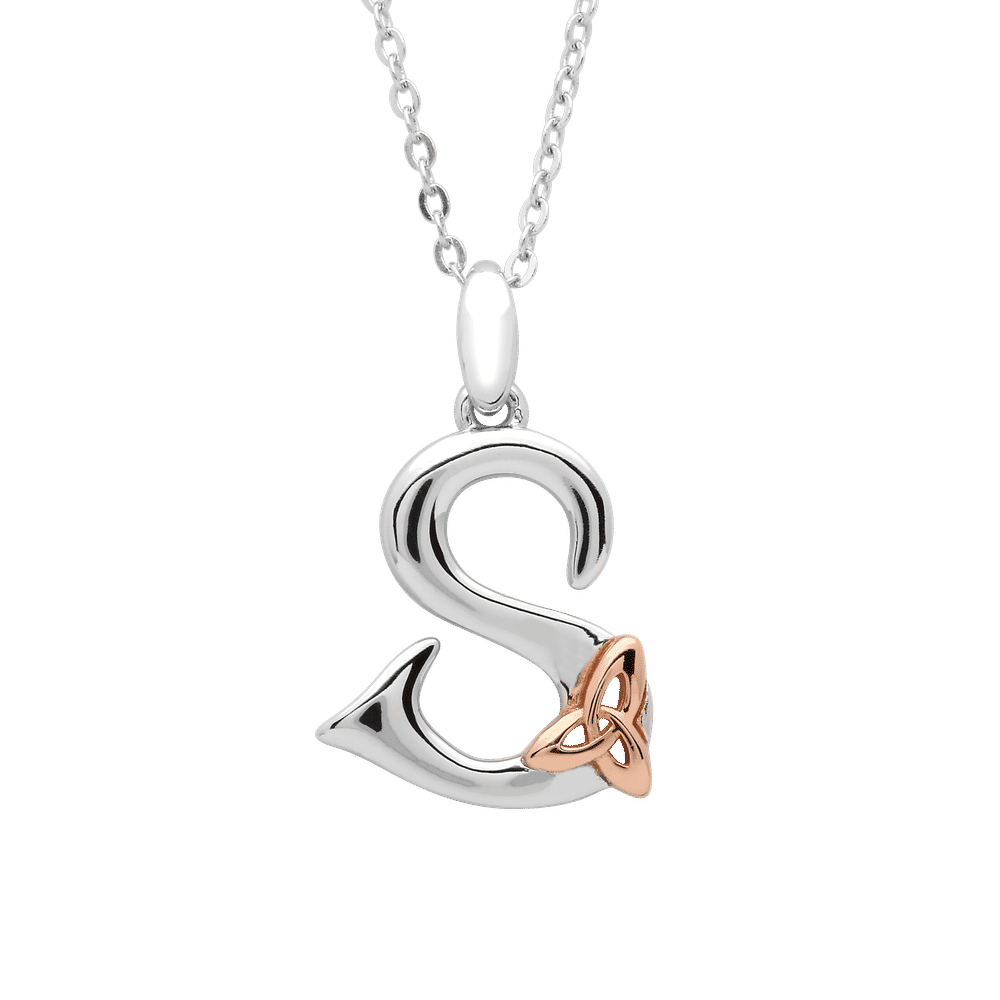 S/silver Celtic Initial S Pendant With Rose Gold Plated Trinity Detail 18" Chain