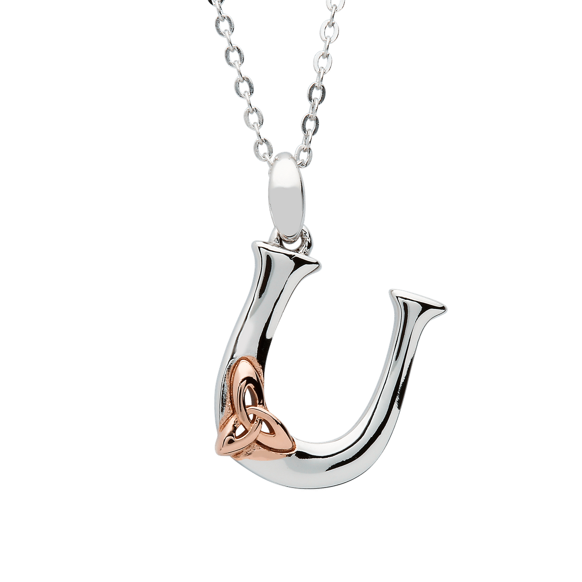 S/silver Celtic Initial U Pendant With Rose Gold Plated Trinity Detail 18" Chain
