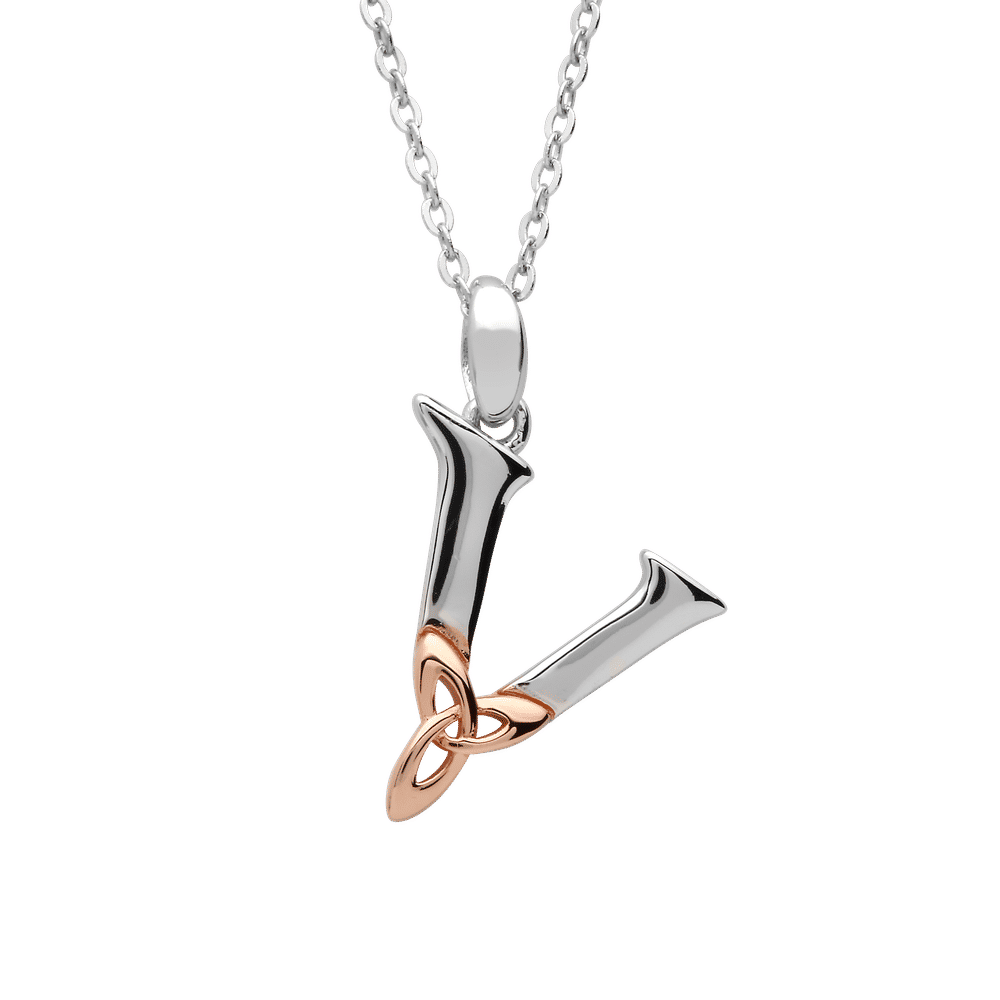 S/silver Celtic Initial V Pendant With Rose Gold Plated Trinity Detail 18" Chain