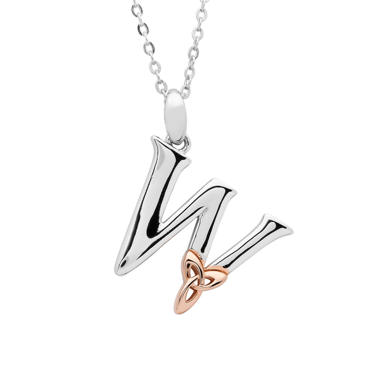 Silver Celtic Initial W Pendant With Rose Gold Plated Trinity Detail 18" Chain