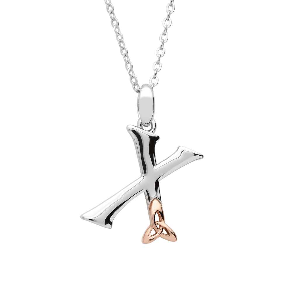 Silver Celtic Initial X Pendant With Rose Gold Plated Trinity Detail 18" Chain