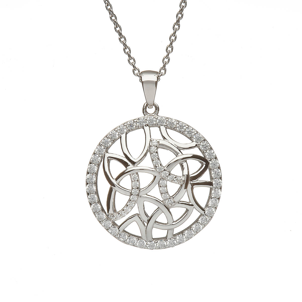 Sterling Silver Circular Trinity Knot Design Pendant Set With Cubic Zirconias