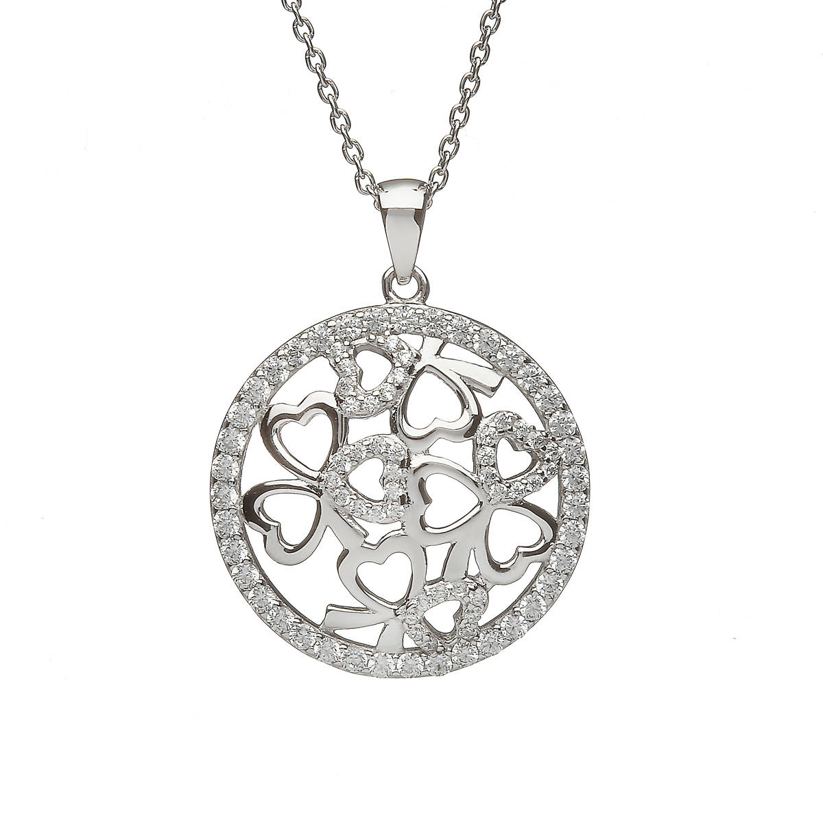 Sterling Silver Circular Shamrock Design Pendant Set With Cubic Zirconias