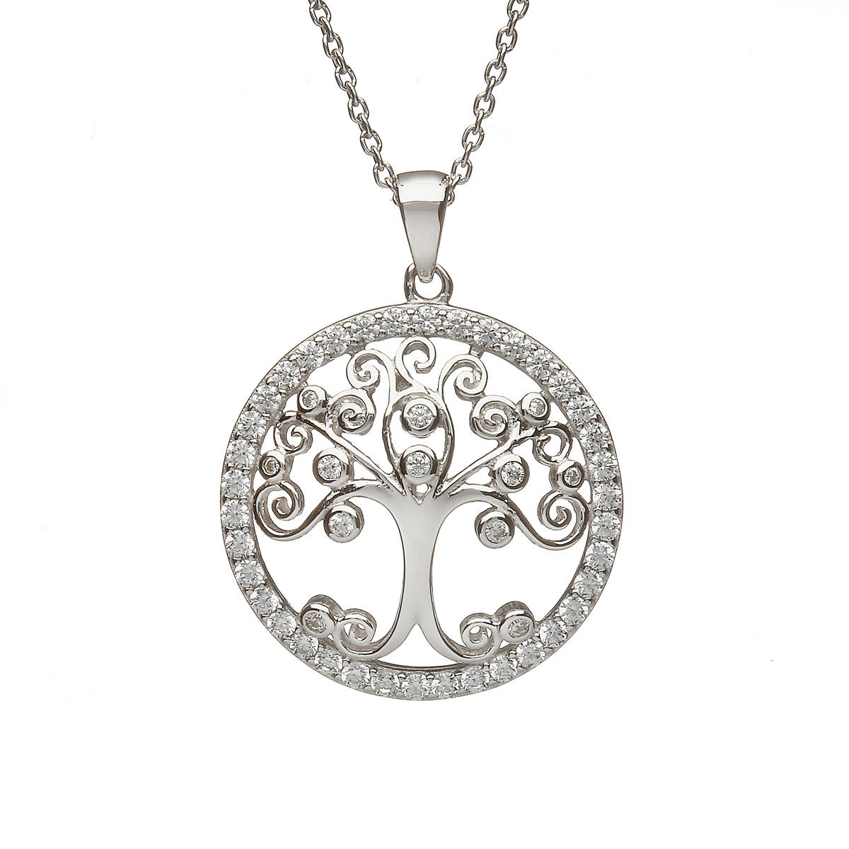 Sterling Silver Circular Tree Of Life Design Pendant Set With Cubic Zirconias