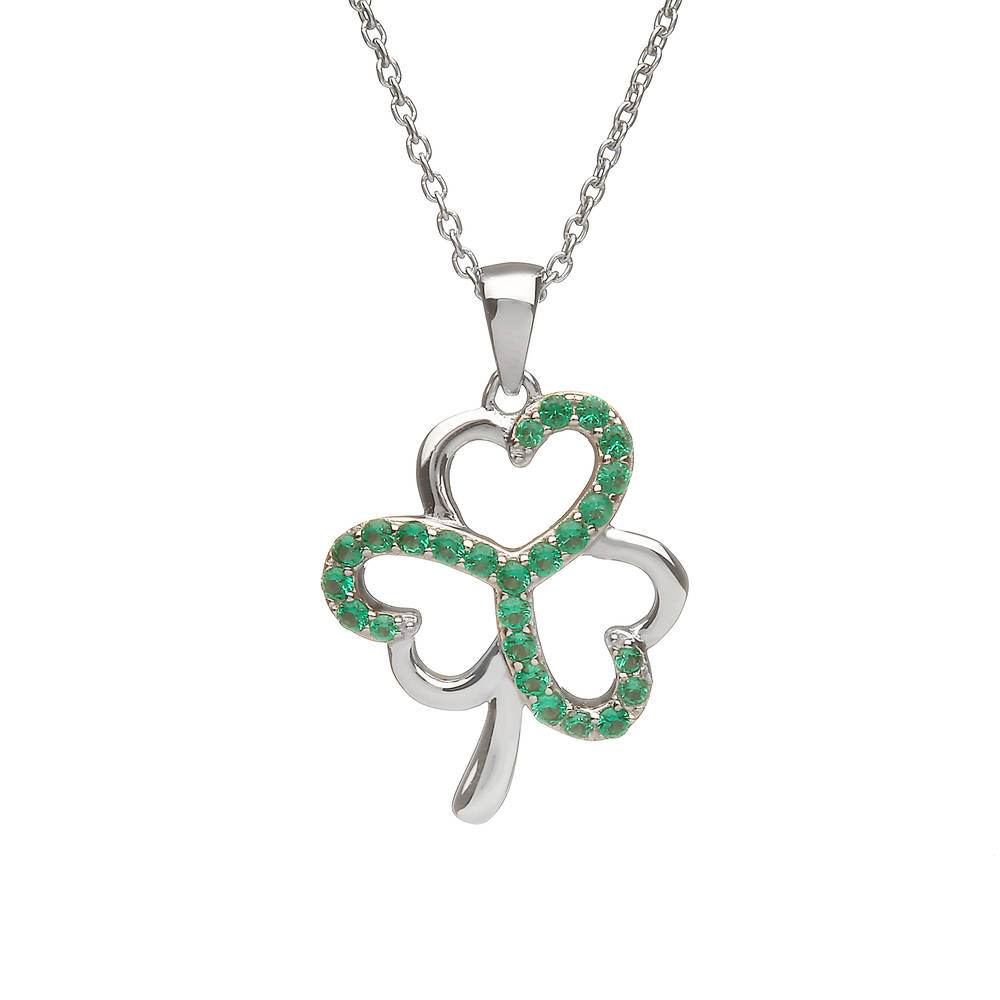 Sterling Silver Shamrock Design Pendant Set With Emerald Green Cubic Zirconias