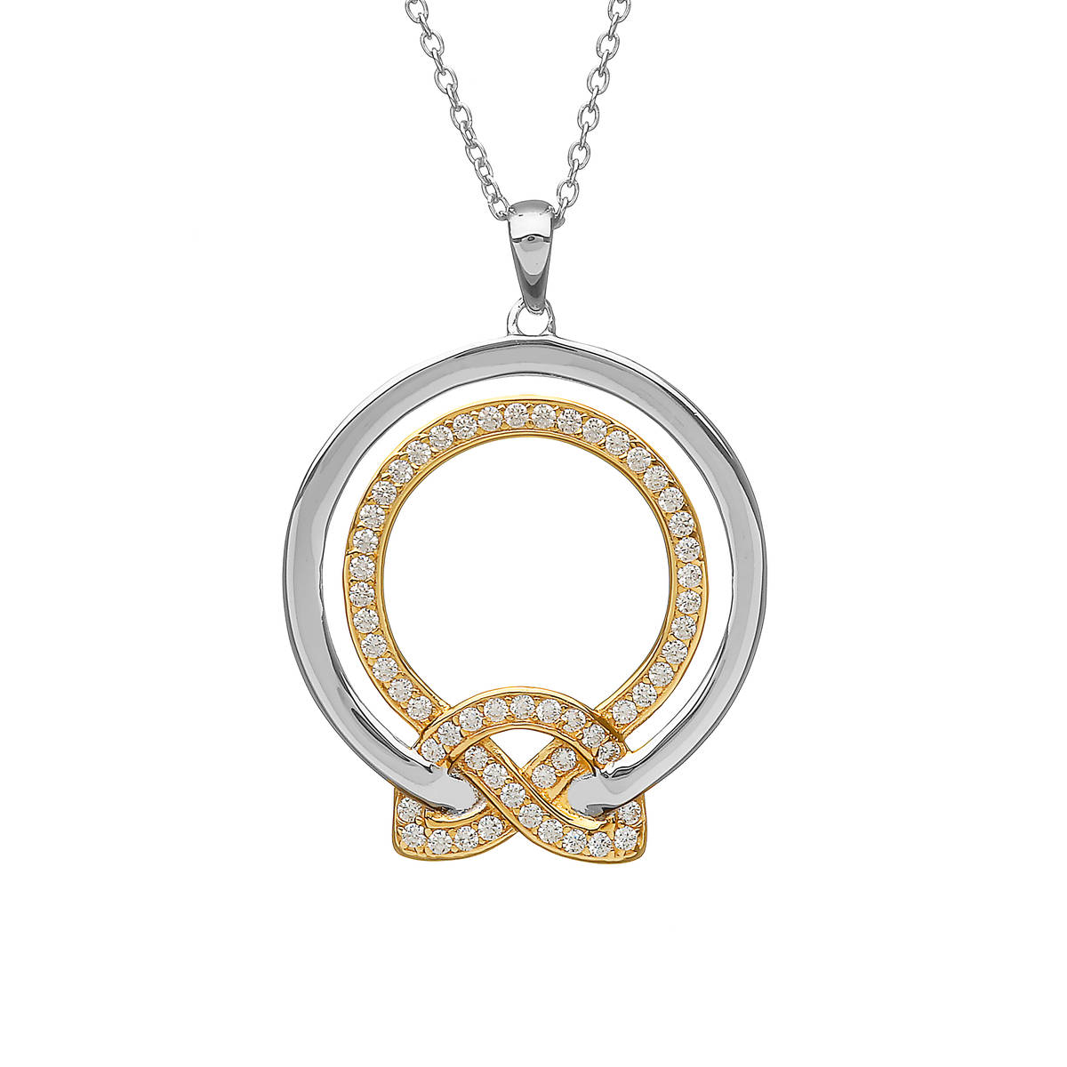 Silver Cz Two Tone Love Knot Circular Pendant