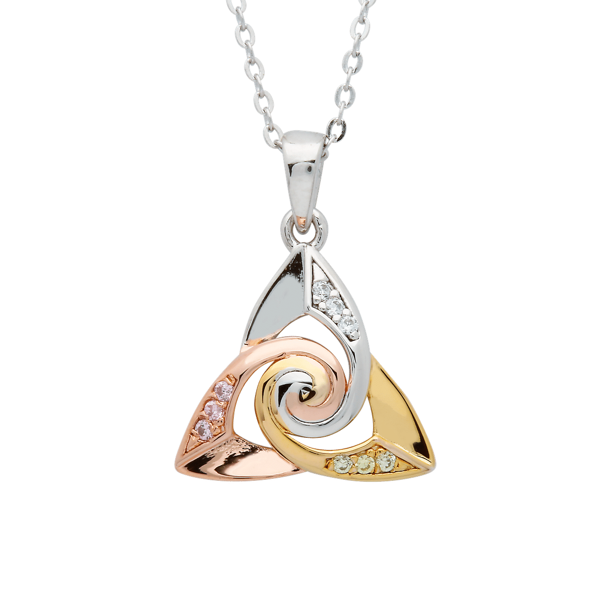 S/silver Cs Trinity Spiral Centre Tri Colour Pendant 18" Chain
