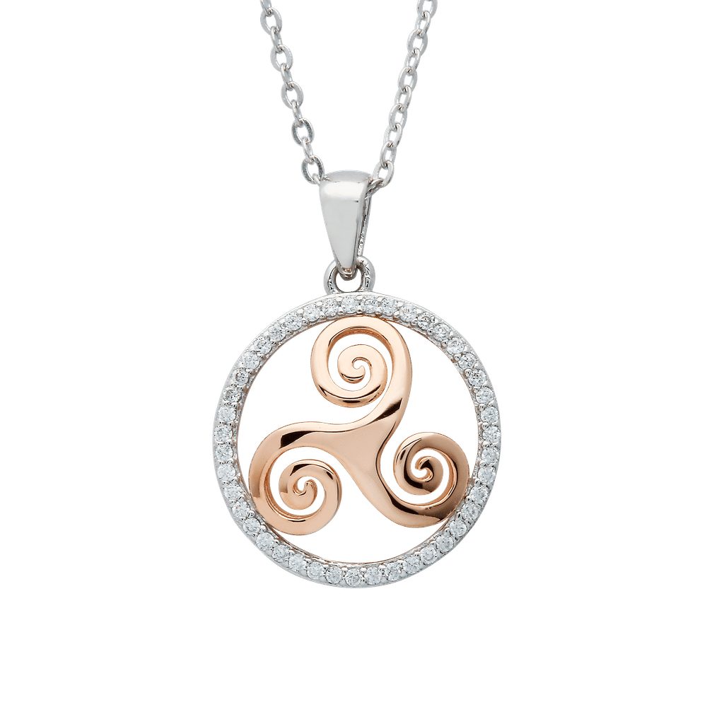 S/silver Cz Circle Pendant With Rose Gold Plated Newgrange Spiral 18" Chain