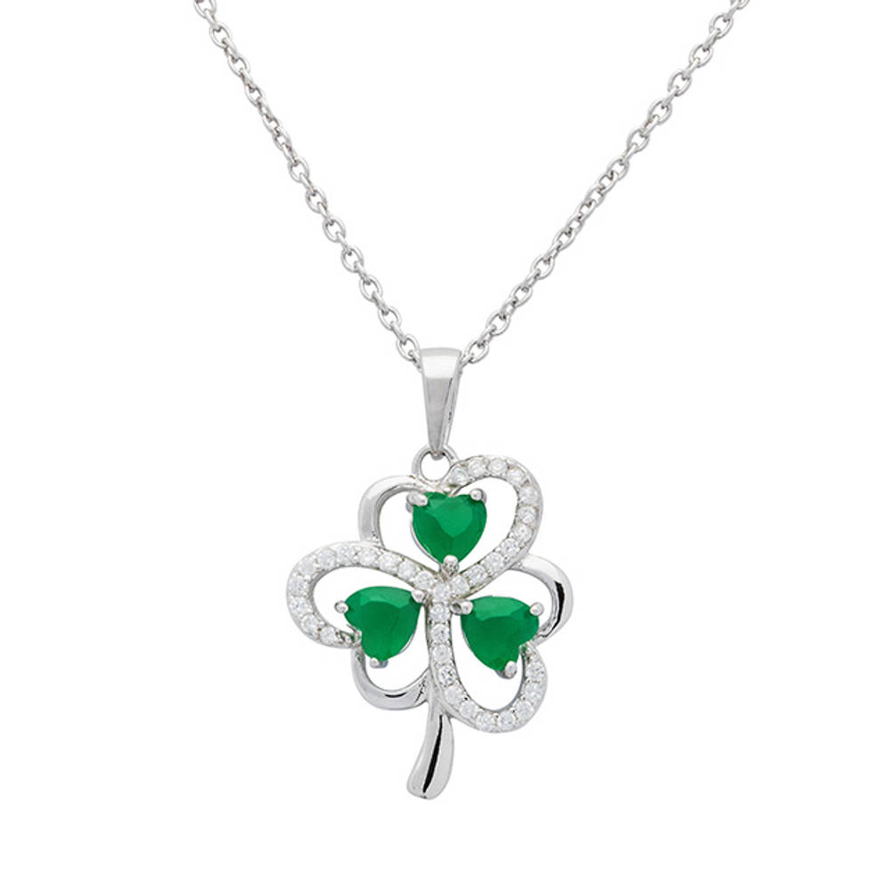 Silver Green Agate Cz Shamrock Pendant 19mm