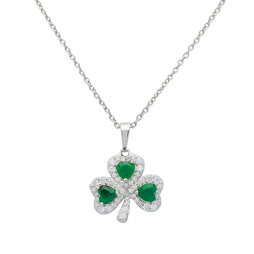 Silver Green Agate Cz Shamrock Pendant 15mm