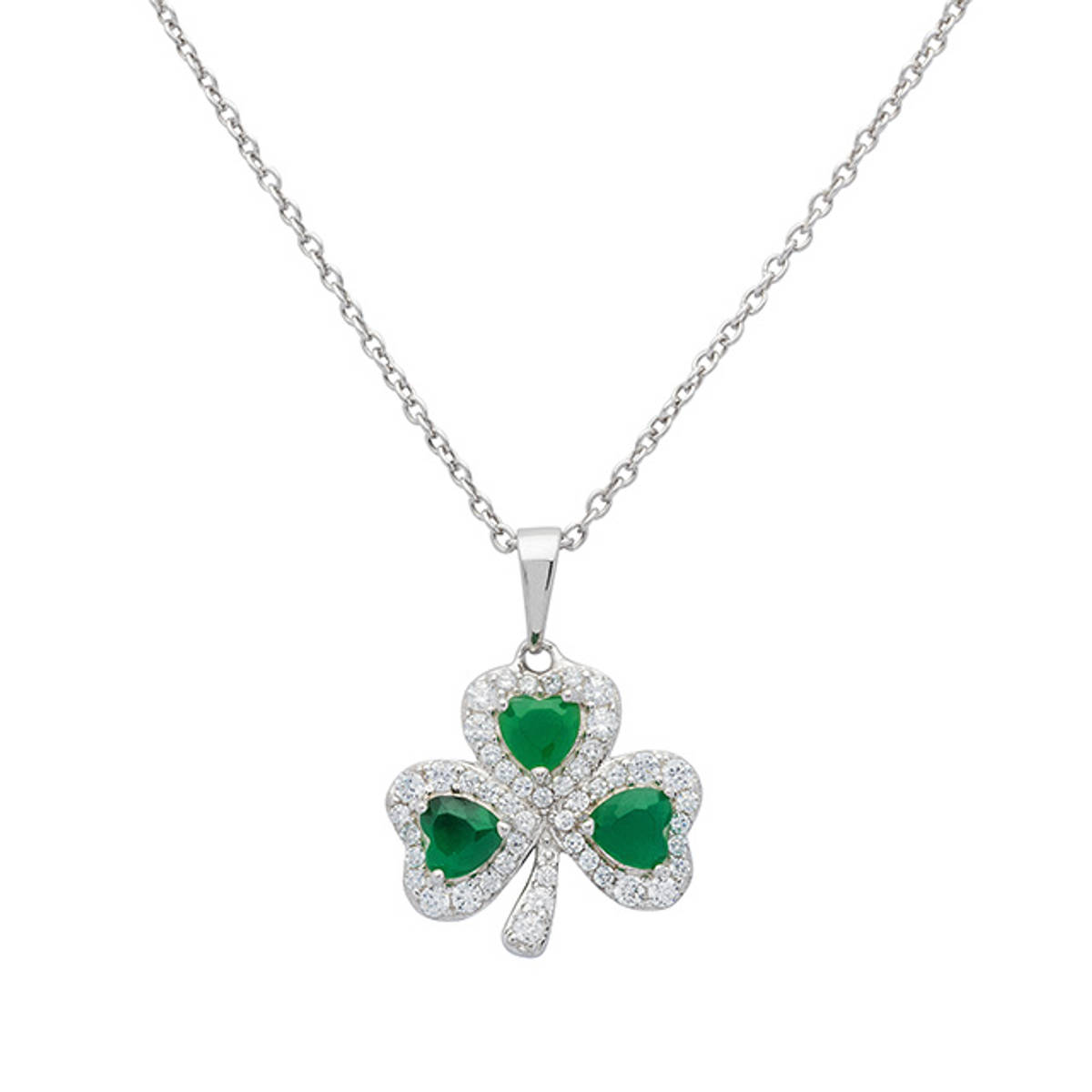 Sterling Silver Green Agate Shamrock Pendant with Cubic Zirconia.

Size: 15mm