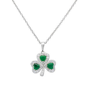 Silver Green Agate Shamrock Pendant with Cubic Zirconia