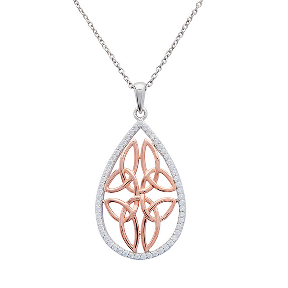 Silver teardrop two-tone pendant with Rose Gold Celtic Eternity Knot, in cubic zirconia surround. 

Size: 30mm
