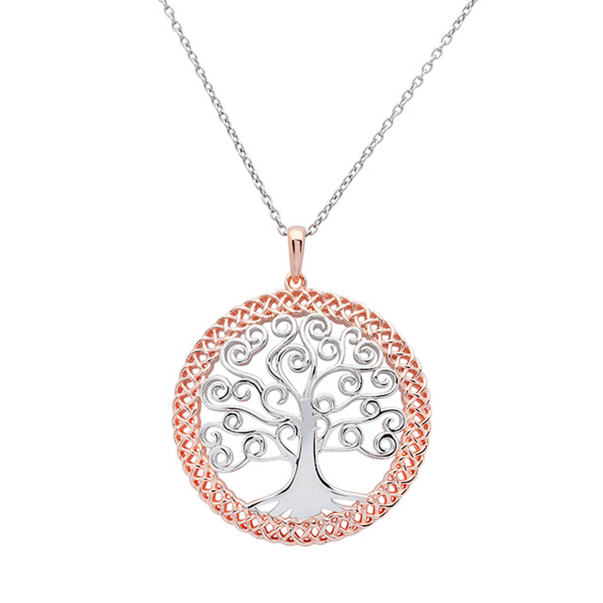 Sterling Silver two-tone Celtic Tree Of Life Pendant with rose gold edge. 

Size: 30mm