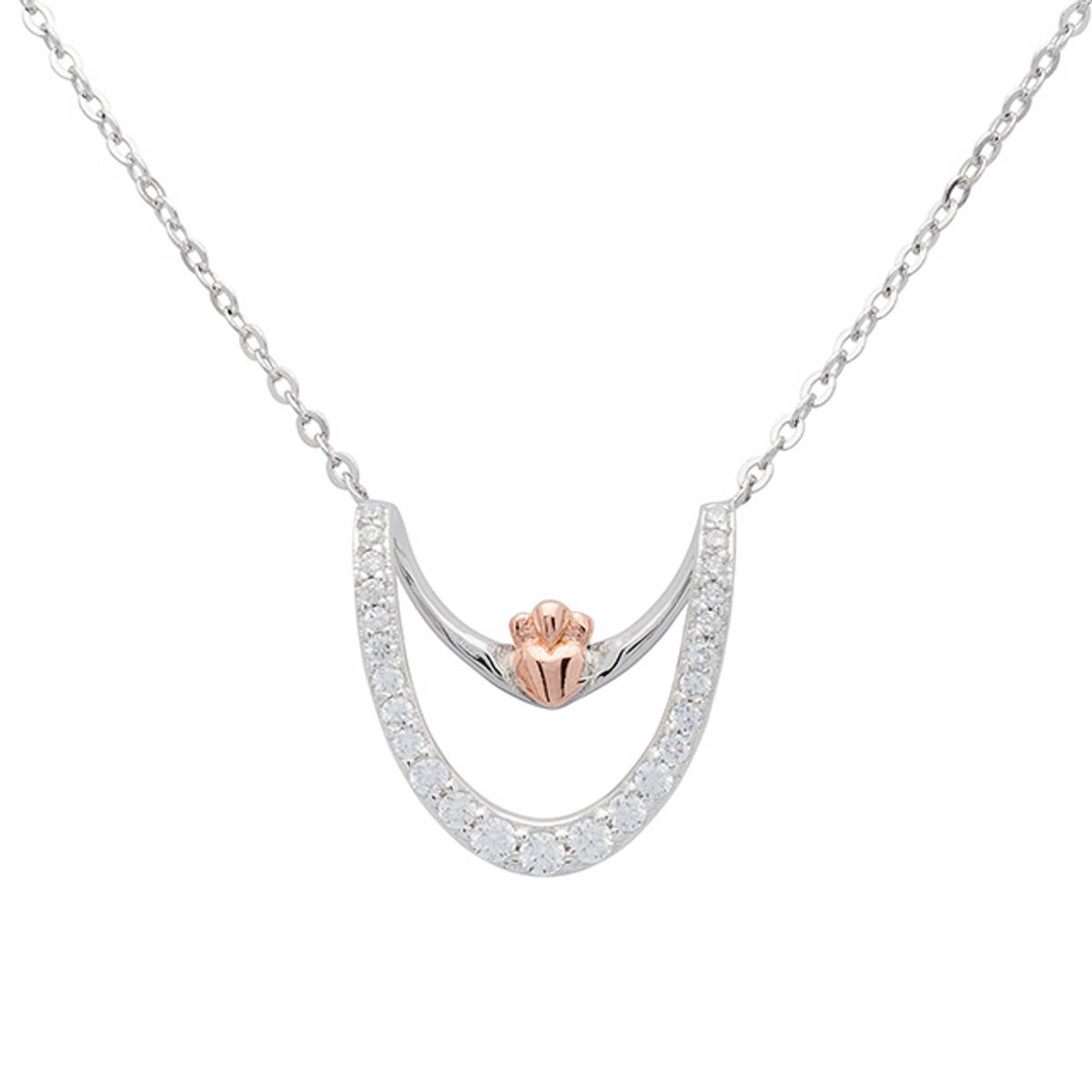 Sterling Silver Claddagh Pendant in modern design, with Rose Gold Claddagh and channel-set cubic zirconia.

Size: 15mm