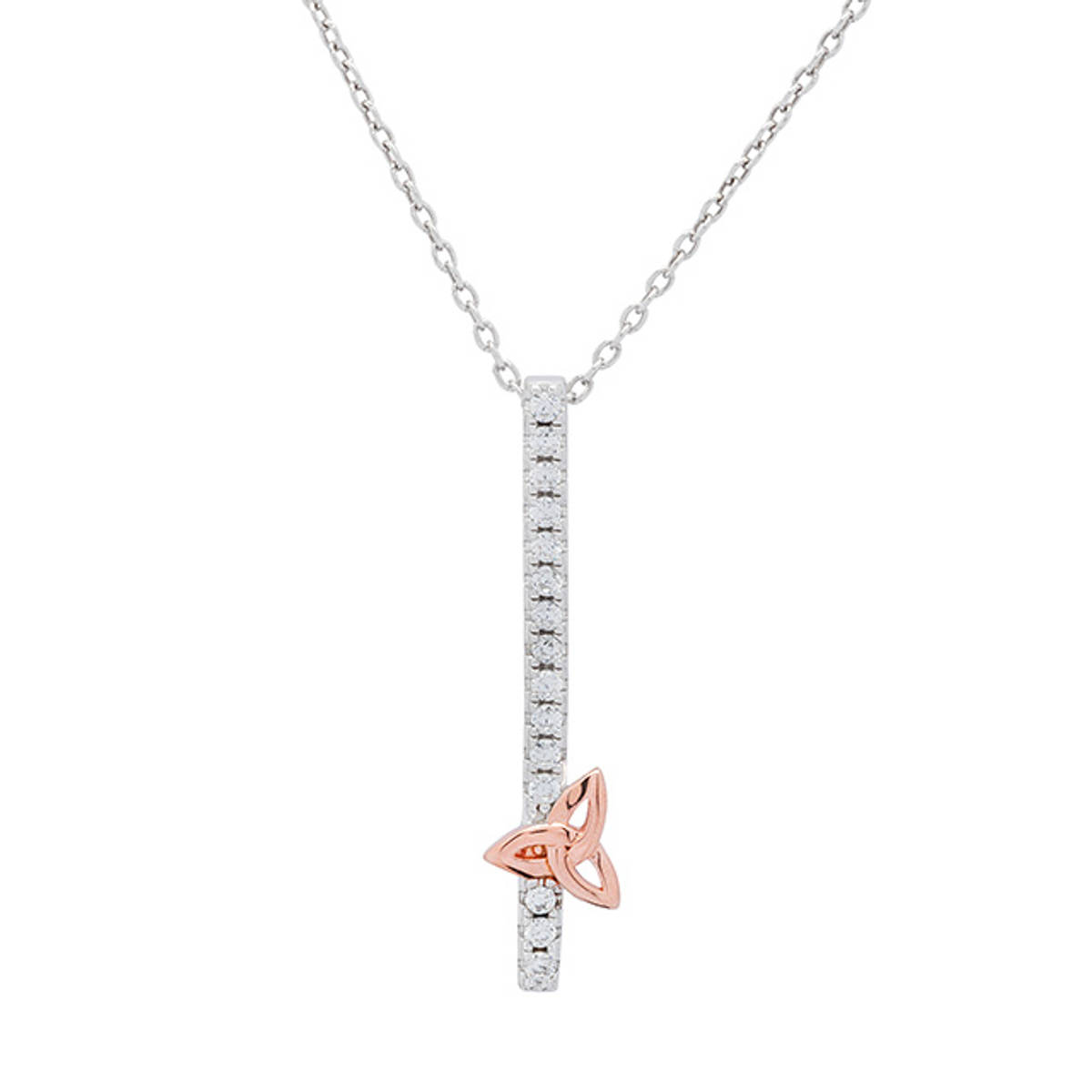 Sterling Silver Pendant with Rose Gold Trinity Knot and column of cubic zirconia.  

Size: 30mm