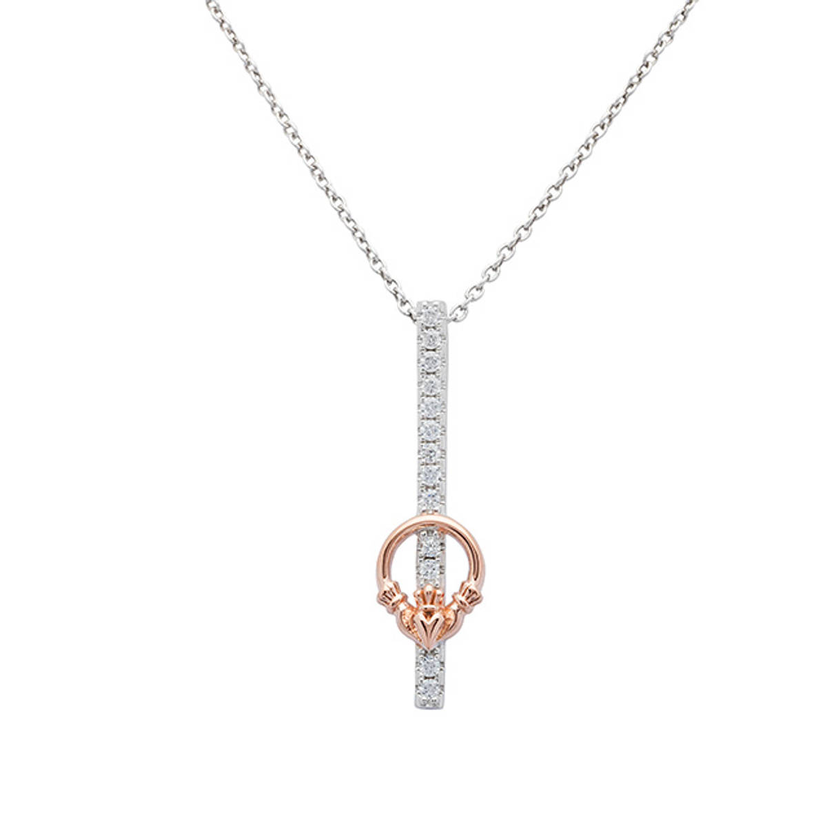 Sterling Silver and rose gold two-tone Claddagh Pendant with column of cubic zirconia. 

Size: 30mm