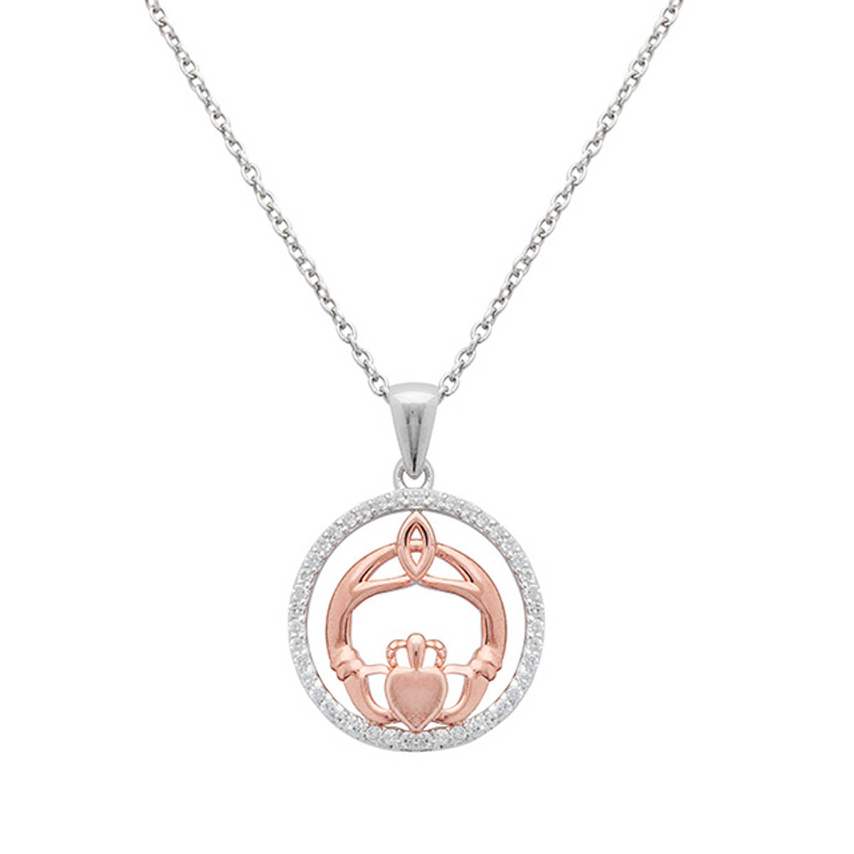 Sterling Silver two-tone Round Pendant with rose gold Claddagh in Cubic Zirconia Surround. 