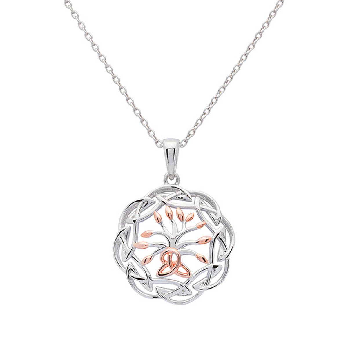 Silver Circular Celtic Tree Of Life Pendant with rose gold trinity knot in Celtic surround. 

Size: 19mm