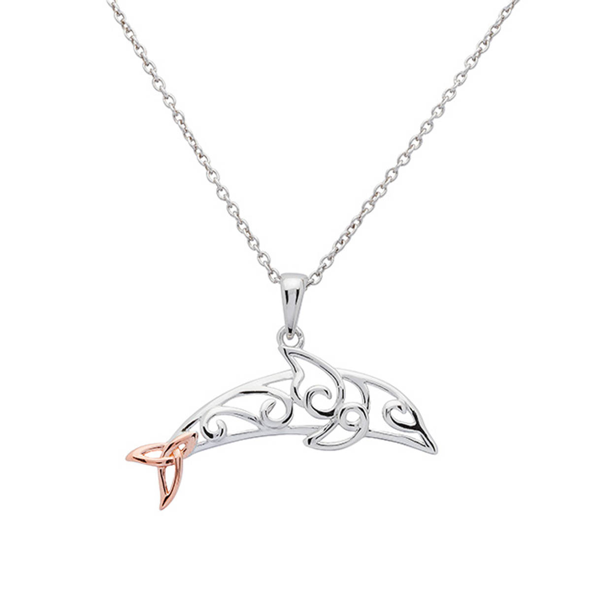 Sterling Silver and rose gold two-tone Celtic Dolphin Pendant.

Size: 18.5mm