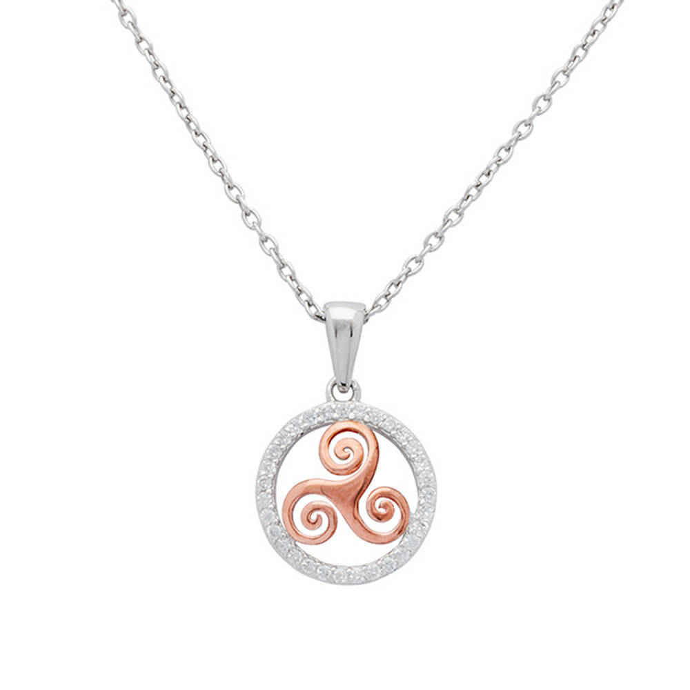 S/silver Cz Circle Pendant With Rose Gold Plated Newgrange Spiral 12mm 18" Chain