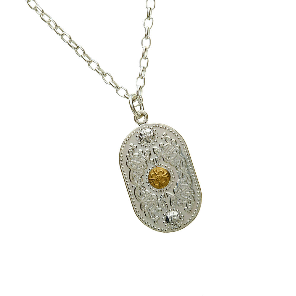 Arda Large Silver (30mm) Pendant & 14 carat Gold Boss On 24" Silver Curb Chain