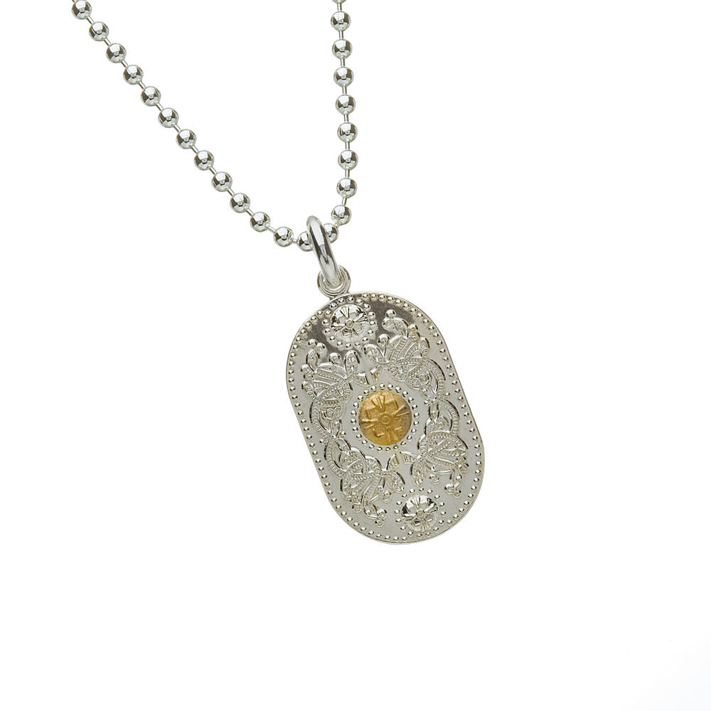 Arda Medium Silver (25mm) Pendant With 14 carat Yellow Gold Boss On Silver 18" Chain