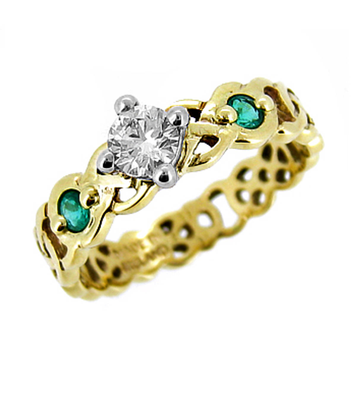 Irish made&nbsp;14 carat yellow gold 0.30cts diamonds/0.14cts emeralds celtic engagement ring