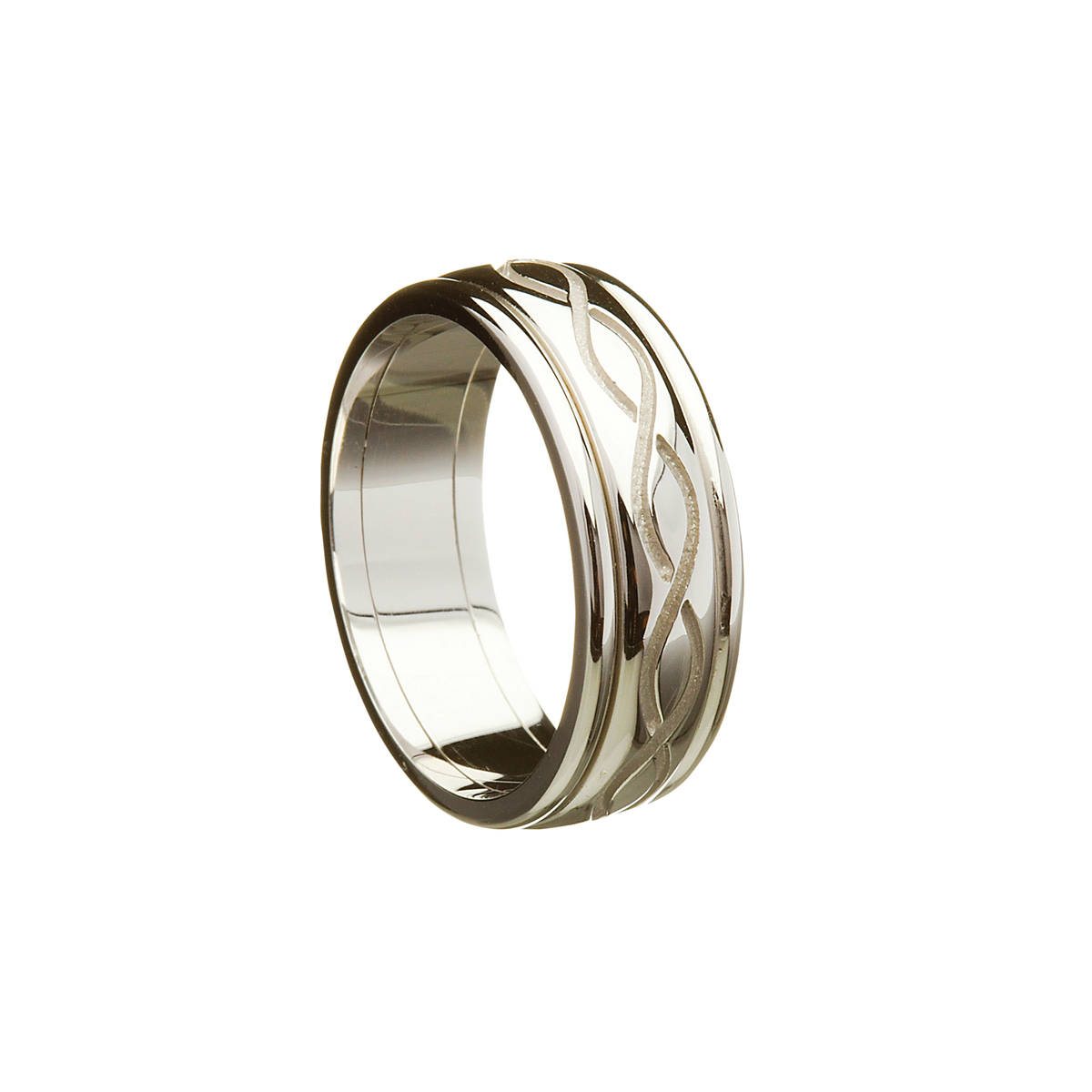 14ct White Gold Heavy Gents Celtic Wedding Band with a recessed 2 row twist with heavy rims.

Width: 8.1 mm