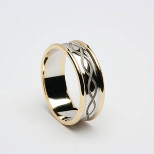 14 carat white gold man's  two lines entwined ring with yellow gold rims