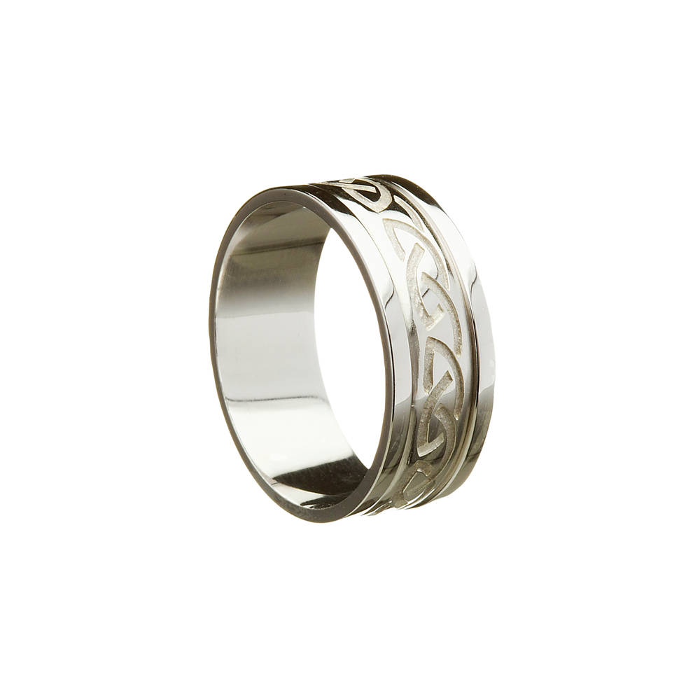 14ct White Gold Gents 8.7 Mm Wide Wedding Band With   Heavy Recessed Knot With Heavy Flat Rims