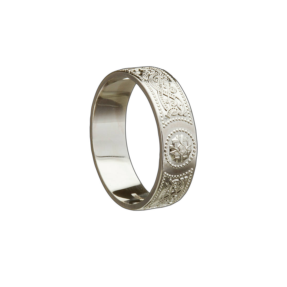 14 carat light white gold man's&nbsp;Arda chalice inspired 6.8mm approx.wide ring.A very practical everyday Celtic ring with great detail.