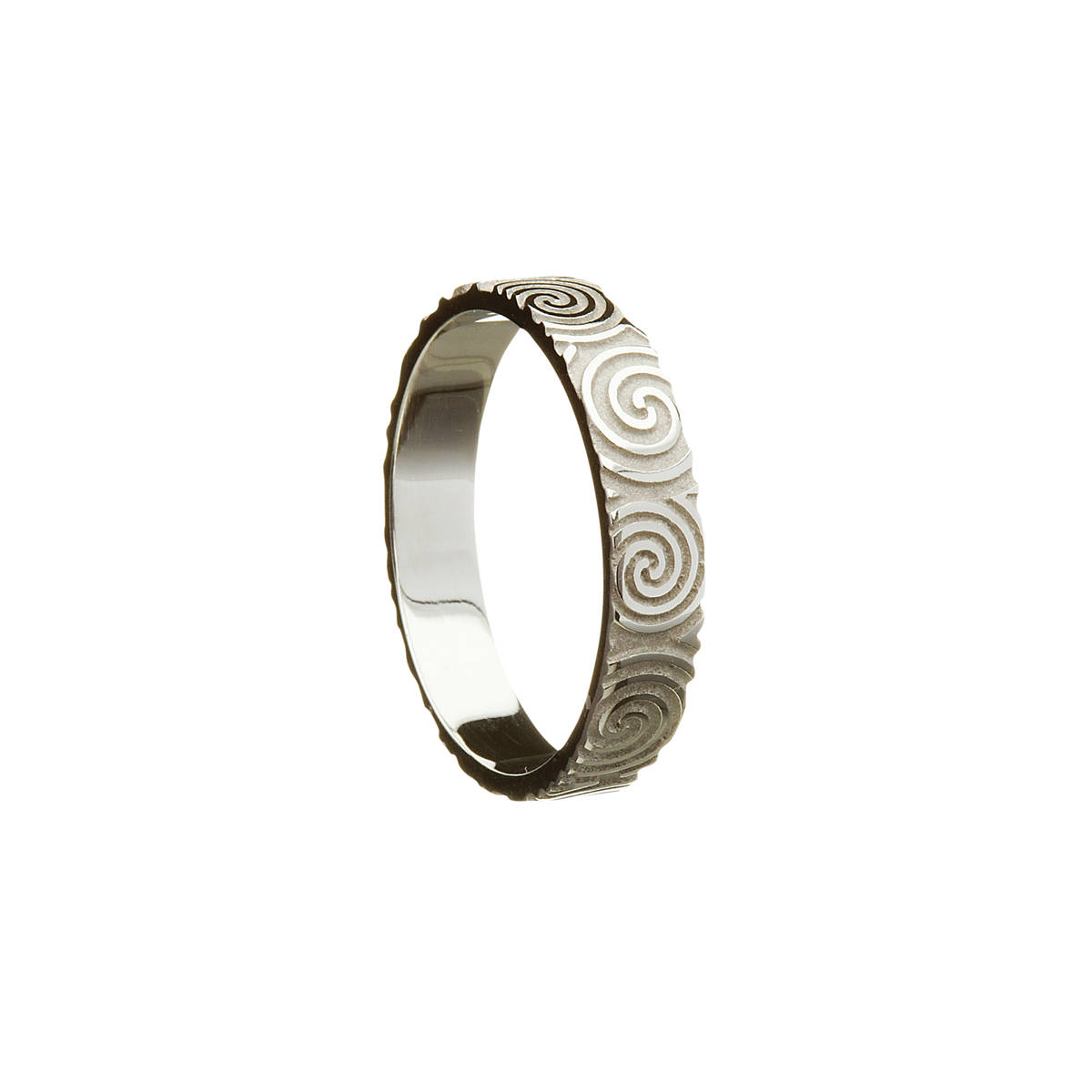 14ct white gold ladies wedding band with light Newgrange Spiral design.

Width: 4mm