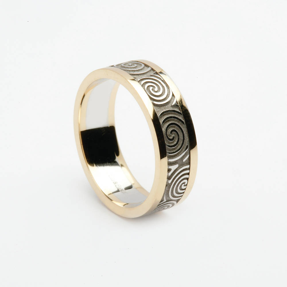 10 carat white gold centred man's new grange inspired wedding band with yellow gold outer rims.This is one of Ireland's oldest Celtic designs going back 5000 years.