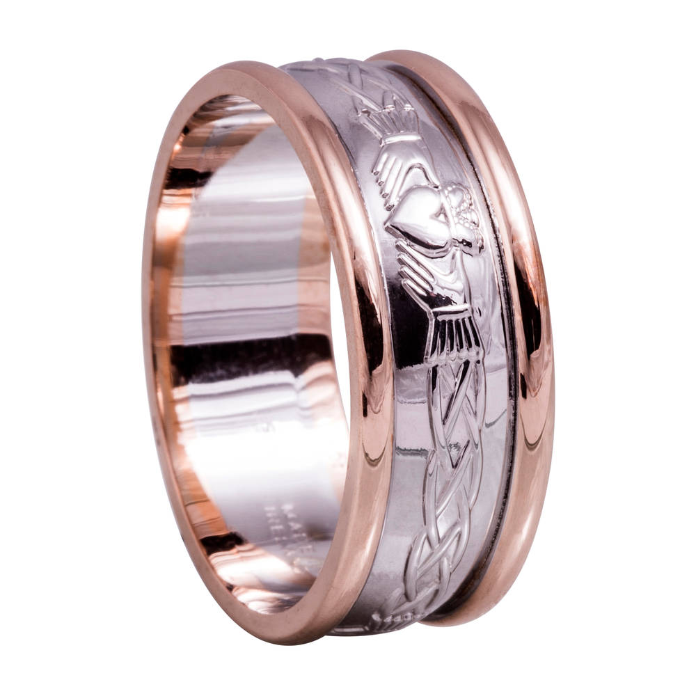 14ct White Gold Gents 8.7 Mm Wide Celtic Claddagh Wedding Band With Heavy Rose Gold Rims